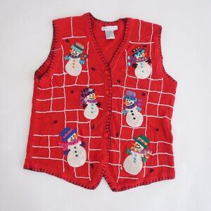 Vintage Victoria Jones Red Cotton Vest Snowmen Holiday Festive Cabincore XL